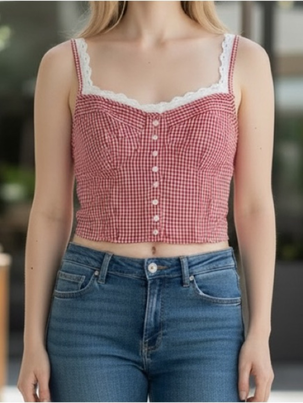 Sim & Sam Red Gingham Bustier Crop Top Eyelet Trim Smocked - Medium